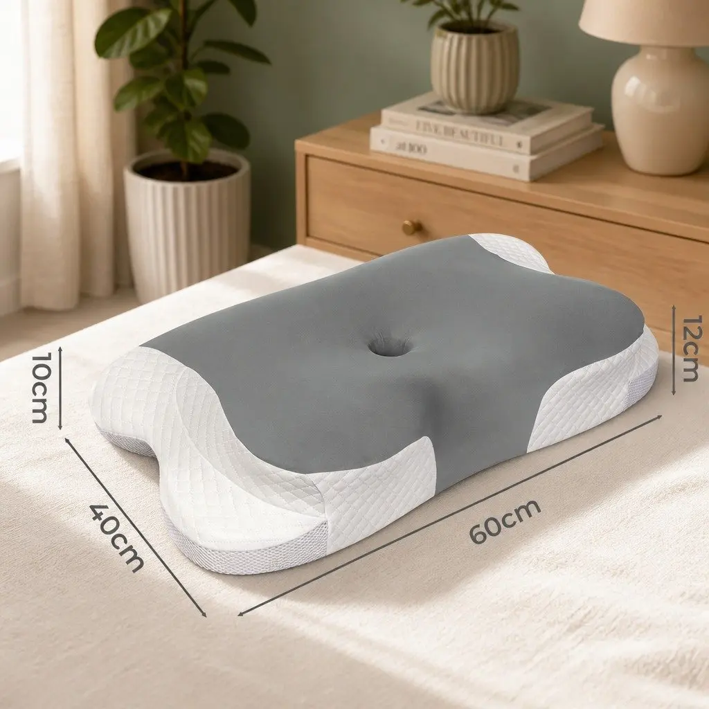 Memory Foam Cervical Neck Pillow White Grey Ergonomic Support for Back Side Stomach Sleepers