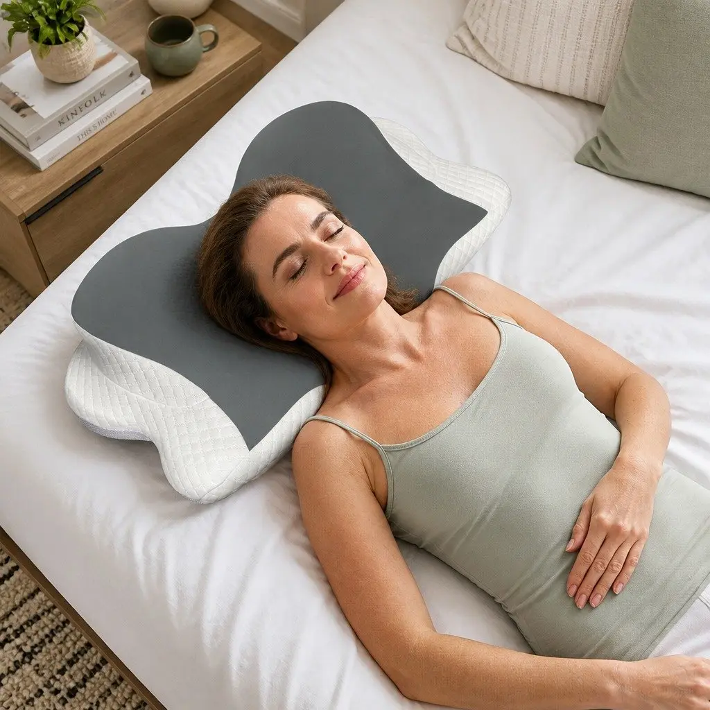 Memory Foam Cervical Neck Pillow White Grey Ergonomic Support for Back Side Stomach Sleepers