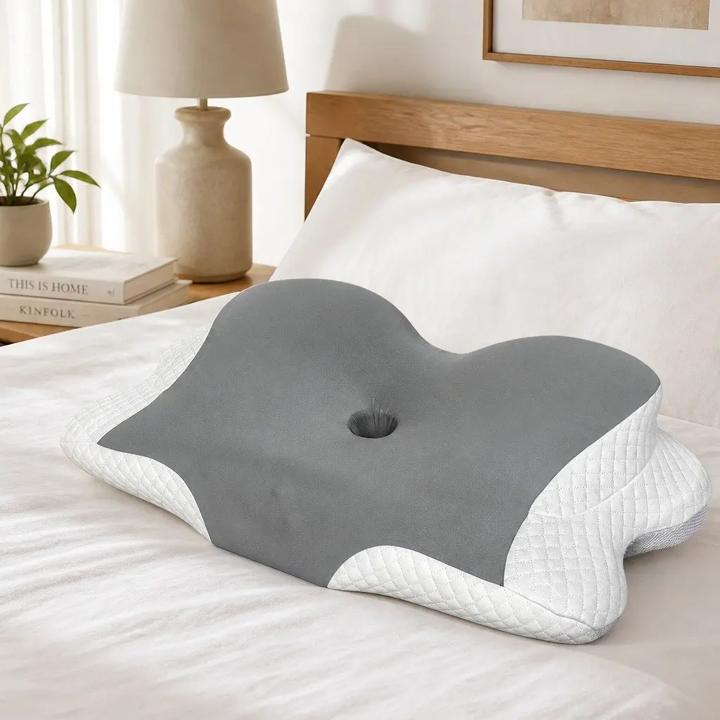 Memory Foam Cervical Neck Pillow White Grey Ergonomic Support for Back Side Stomach Sleepers