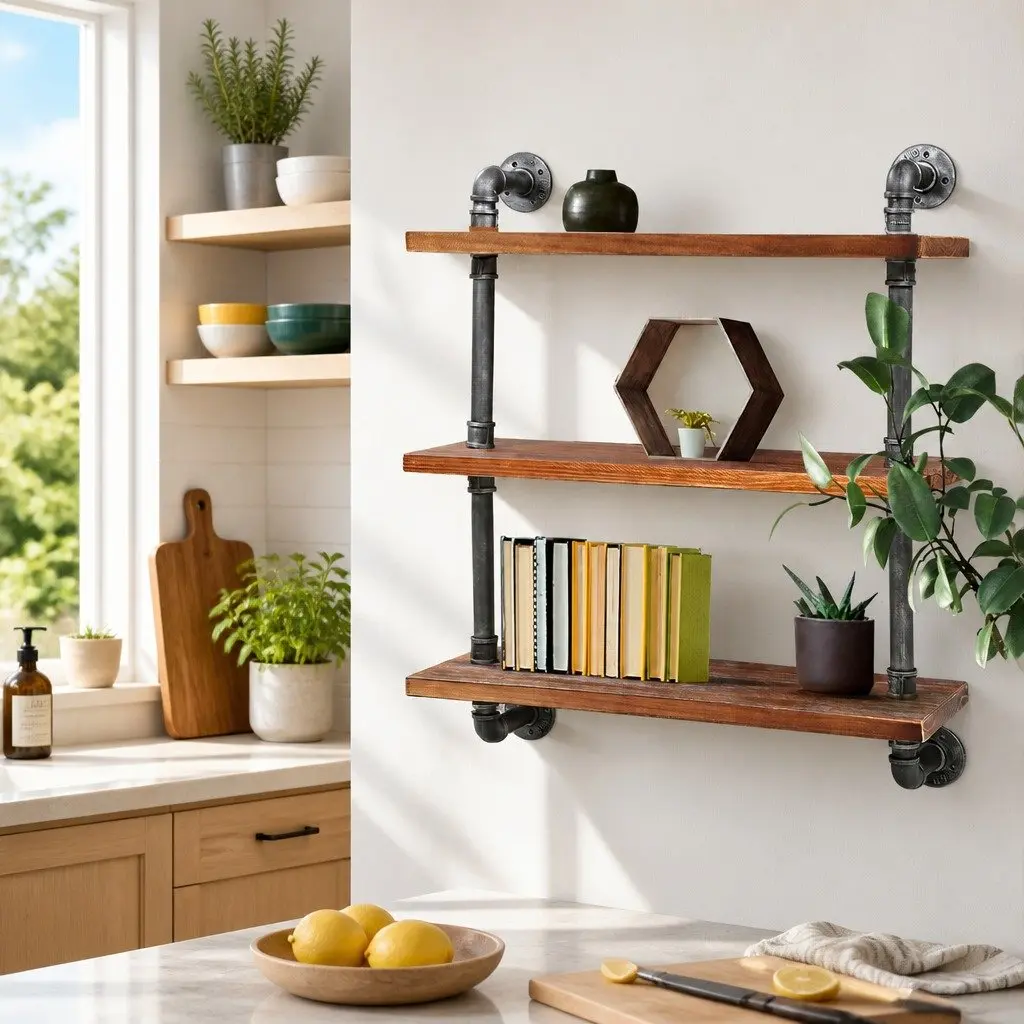 Floating DIY Pipe Shelf 3 Tiers Industrial Rustic Wall Bookshelf Display Unit
