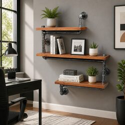 3 Tier Industrial Pipe Shelf DIY Floating Shelves Brown Rustic Home Storage
