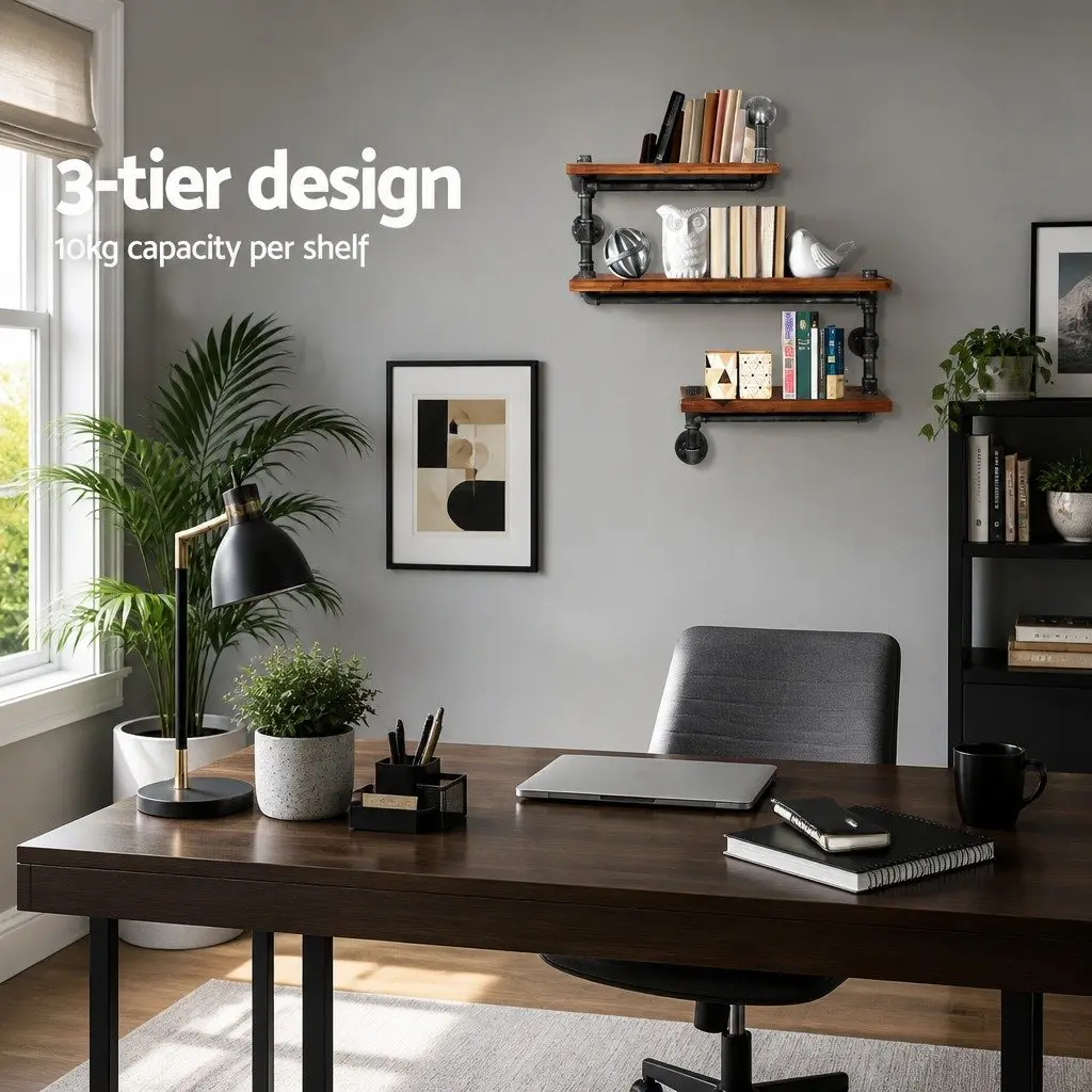 3 Tier Brown Rustic Industrial Pipe Shelf DIY Floating Shelves