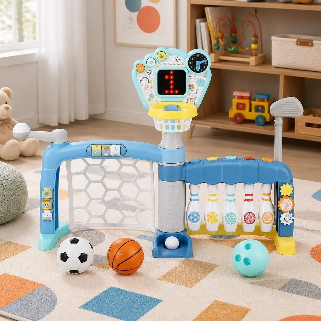 5-in-1 Activity Centre Blue Indoor Outdoor Sports Toys for Kids Basketball Soccer Baseball Golf Bowling