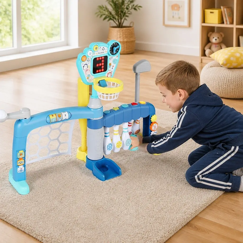 5-in-1 Activity Centre Blue Indoor Outdoor Sports Toys for Kids Basketball Soccer Baseball Golf Bowling