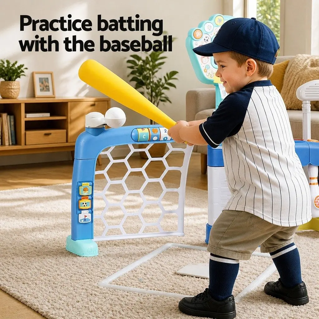 5-in-1 Activity Centre Blue Indoor Outdoor Sports Toys for Kids Basketball Soccer Baseball Golf Bowling