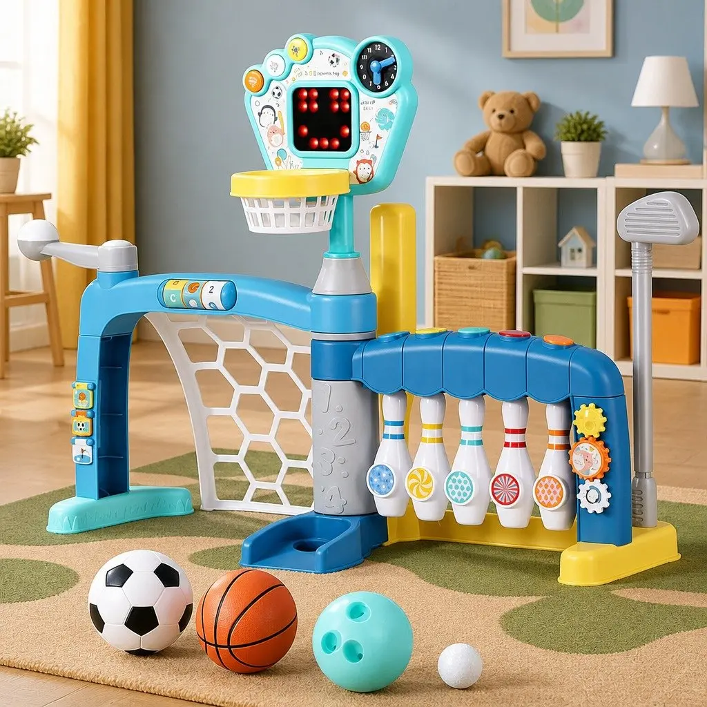 5-in-1 Activity Centre Blue Indoor Outdoor Sports Toys for Kids Basketball Soccer Baseball Golf Bowling