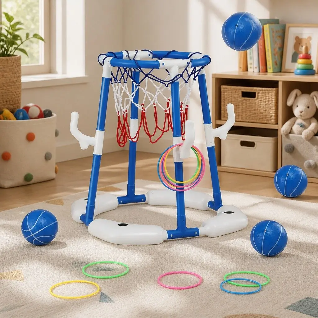 Kids Sports Activity Centre Blue 2-in-1 Basketball Hoop Ring Toss Indoor Outdoor