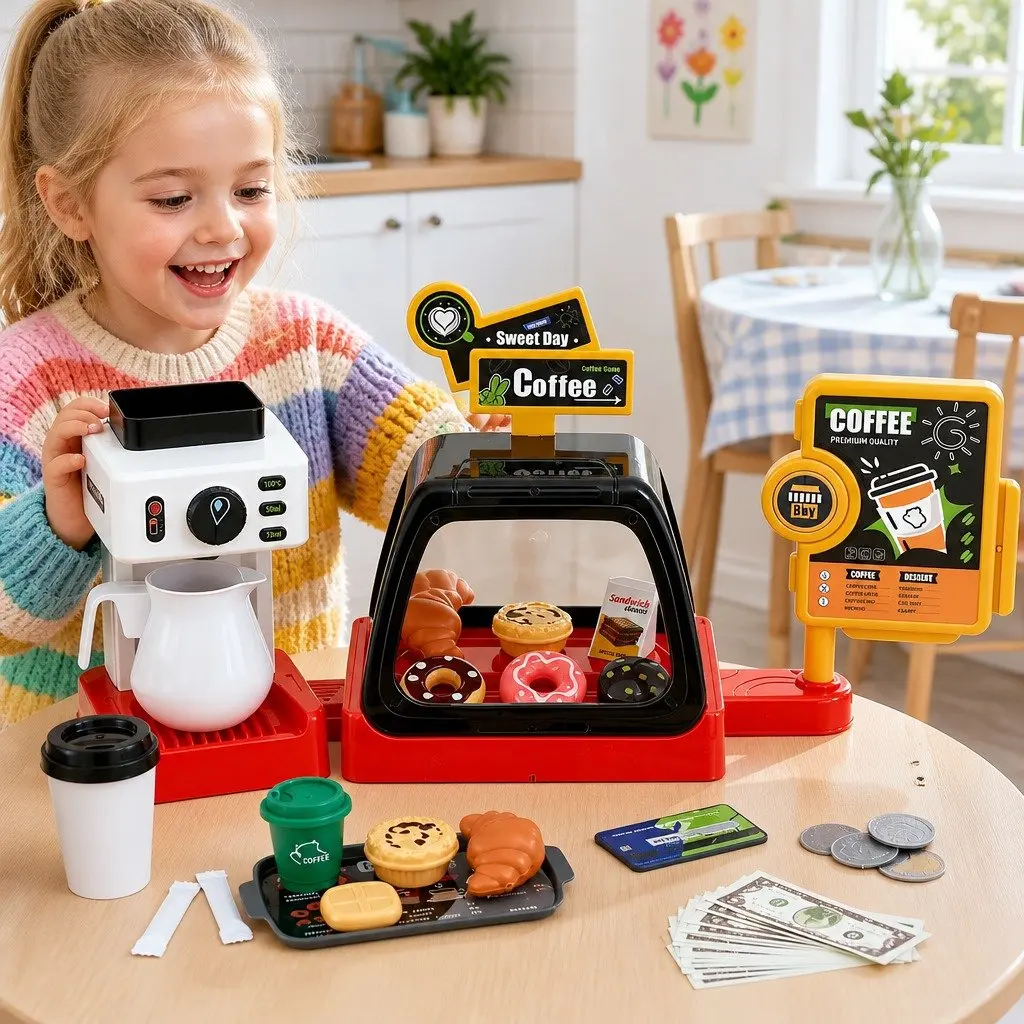 Kids Pretend Play Coffee Shop Set Multicolour Includes Coffee Maker Machine Play Money and Food