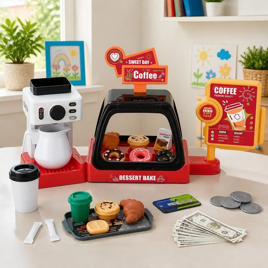 Kids Pretend Play Coffee Shop Set Multicolour Includes Coffee Maker Machine Play Money and Food