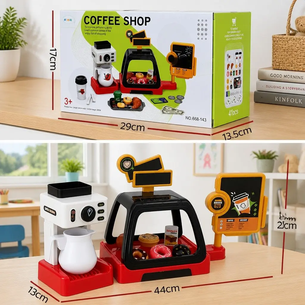 Kids Pretend Play Coffee Shop Set Multicolour Includes Coffee Maker Machine Play Money and Food
