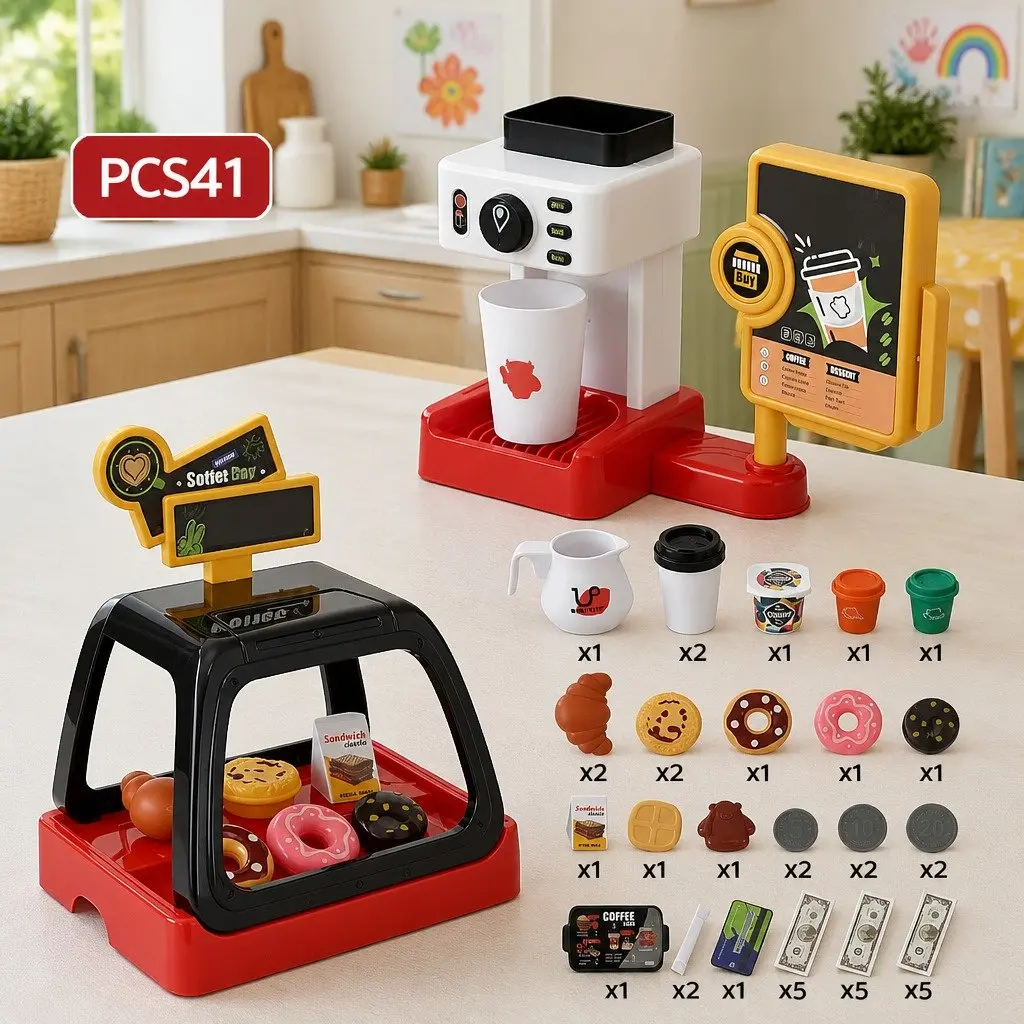 Kids Pretend Play Coffee Shop Set Multicolour Includes Coffee Maker Machine Play Money and Food