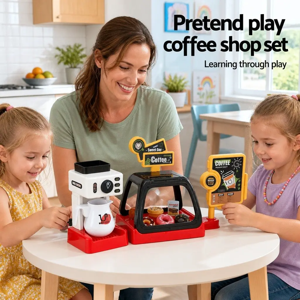 Kids Pretend Play Coffee Shop Set Multicolour Includes Coffee Maker Machine Play Money and Food