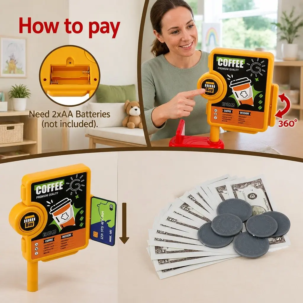 Kids Pretend Play Coffee Shop Set Multicolour Includes Coffee Maker Machine Play Money and Food