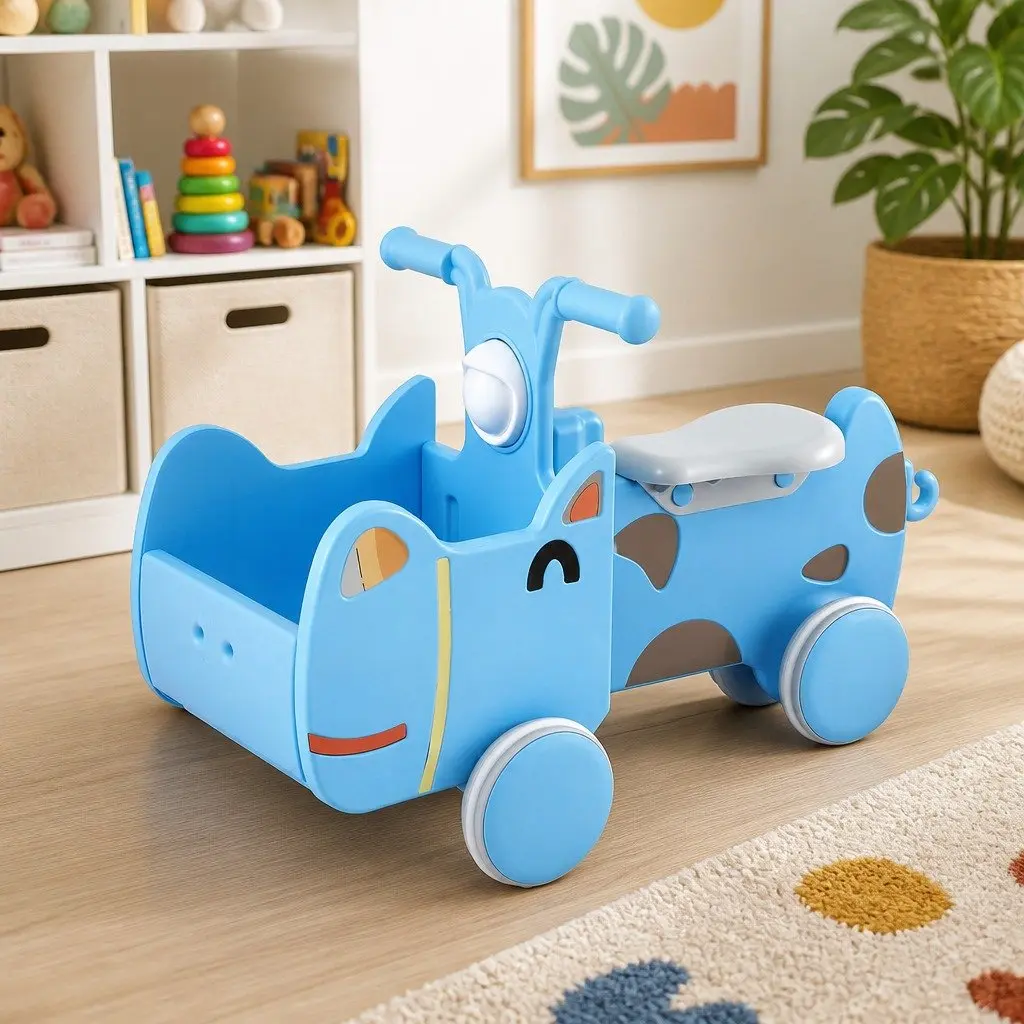 Kids Ride On Push Car Toy with Storage Blue Foot-to-Floor Vehicle for Toddlers
