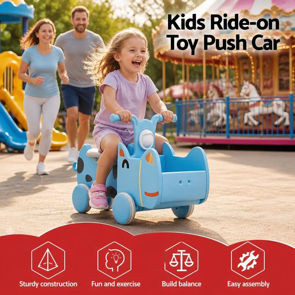 Kids Ride On Push Car Toy with Storage Blue Foot-to-Floor Vehicle for Toddlers