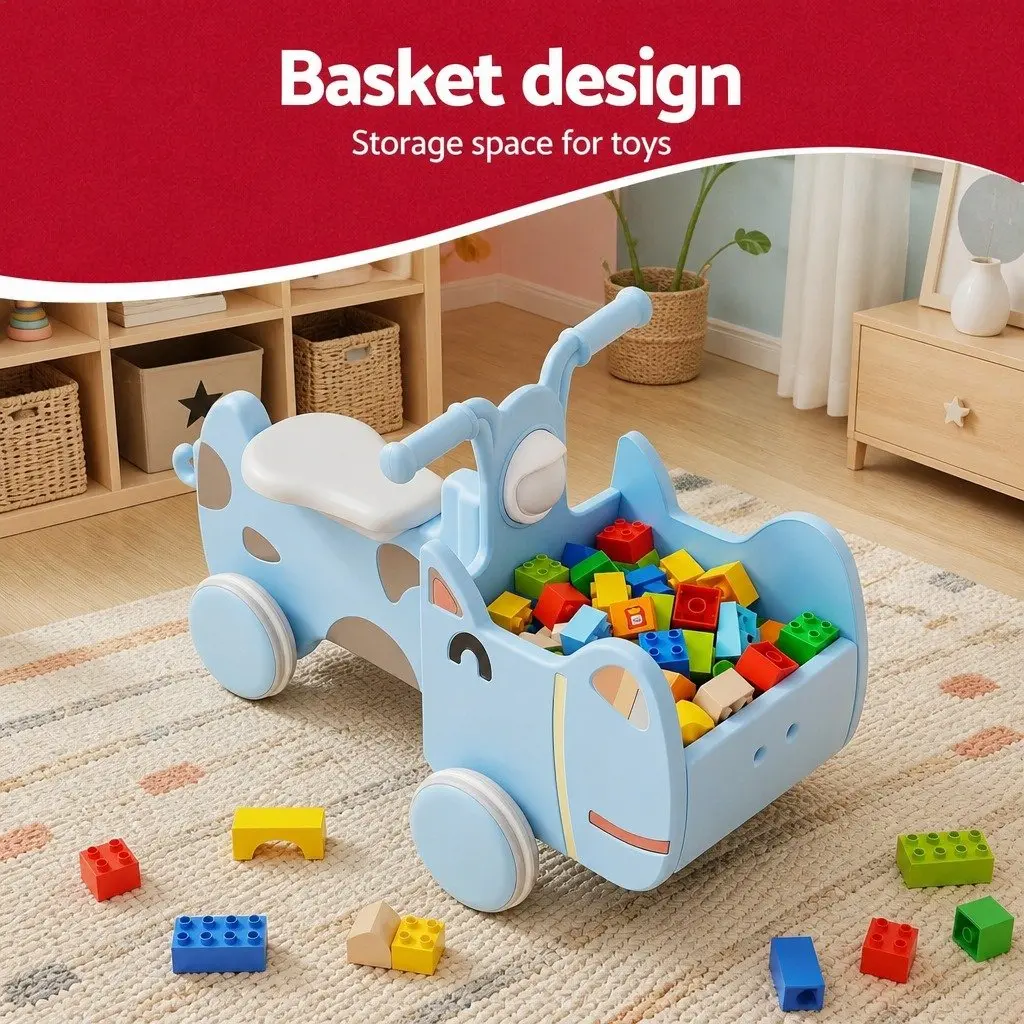 Kids Ride On Push Car Toy with Storage Blue Foot-to-Floor Vehicle for Toddlers