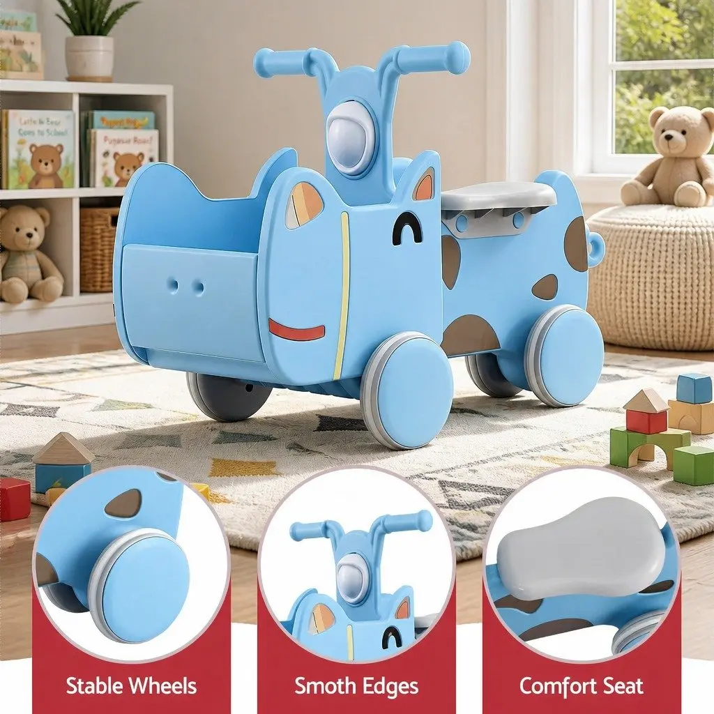 Kids Ride On Push Car Toy with Storage Blue Foot-to-Floor Vehicle for Toddlers