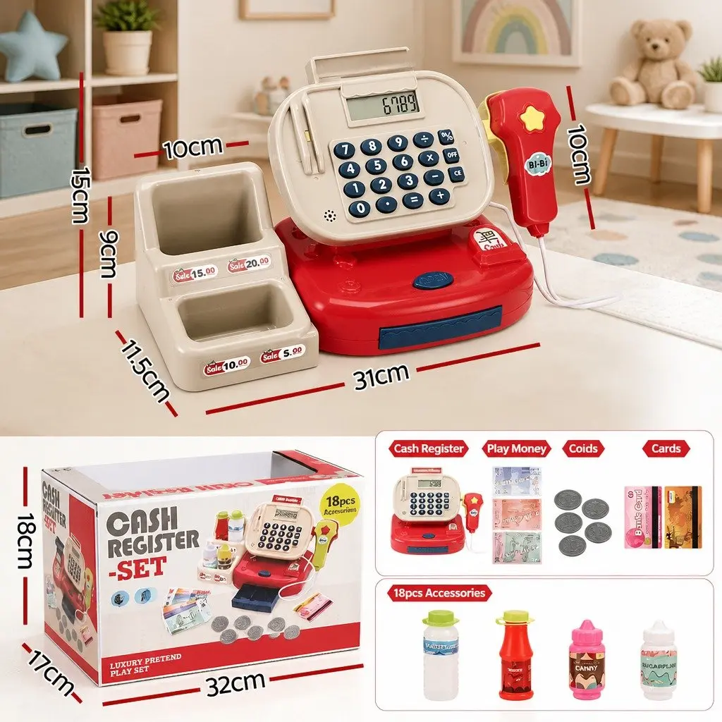 Kids Cash Register Pretend Play Set Shopping Role Play Toy with Calculator