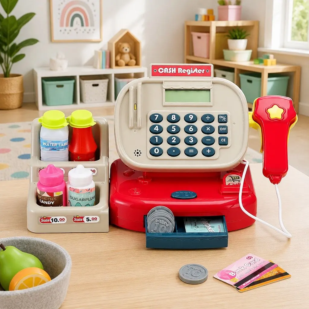 Kids Cash Register Pretend Play Set Shopping Role Play Toy with Calculator