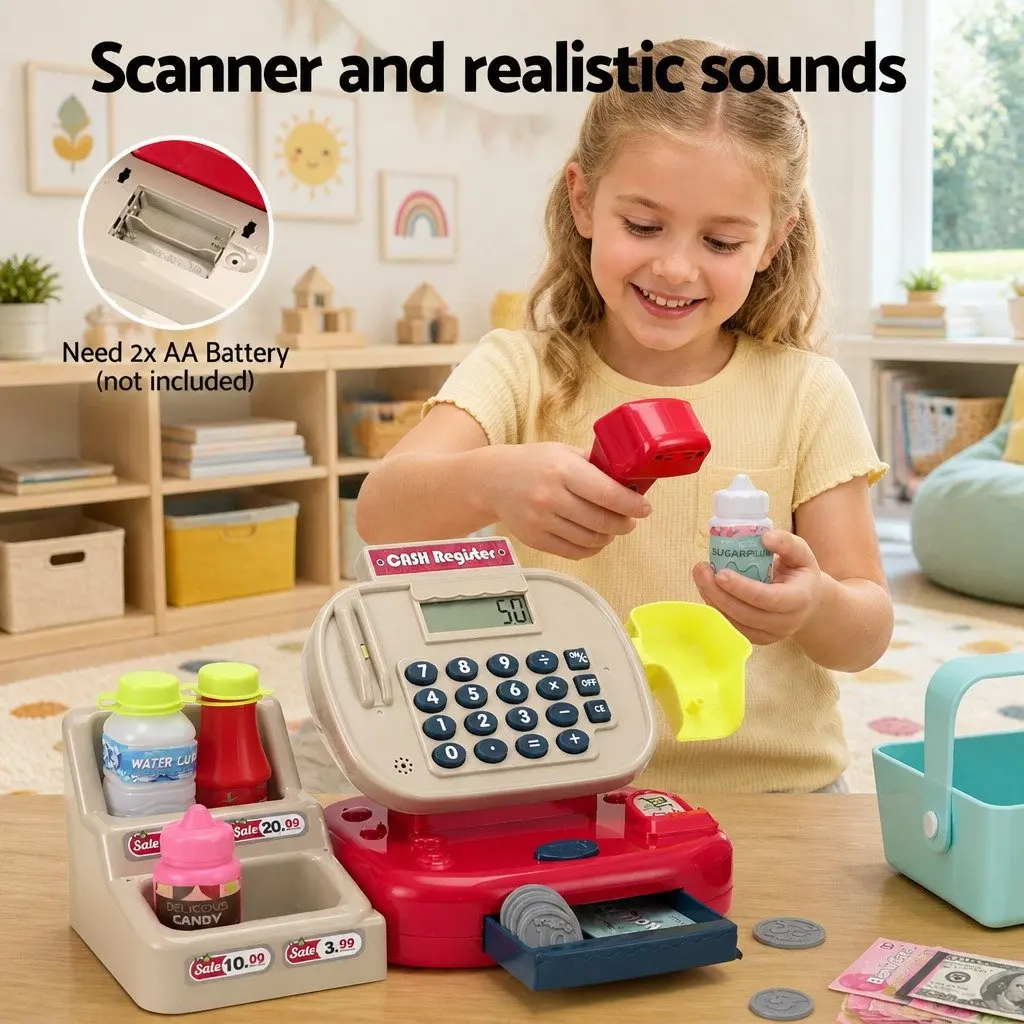 Kids Cash Register Pretend Play Set Shopping Role Play Toy with Calculator
