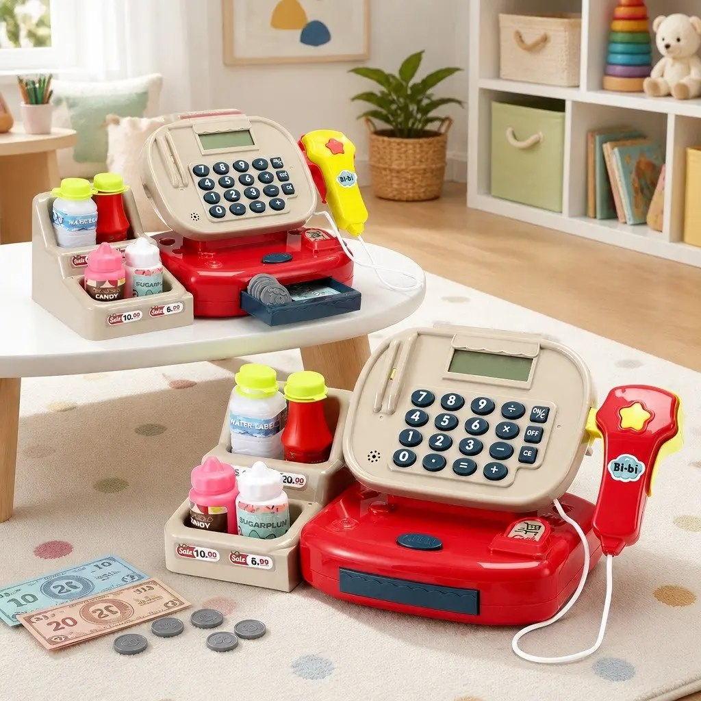 Kids Cash Register Pretend Play Set Shopping Role Play Toy with Calculator