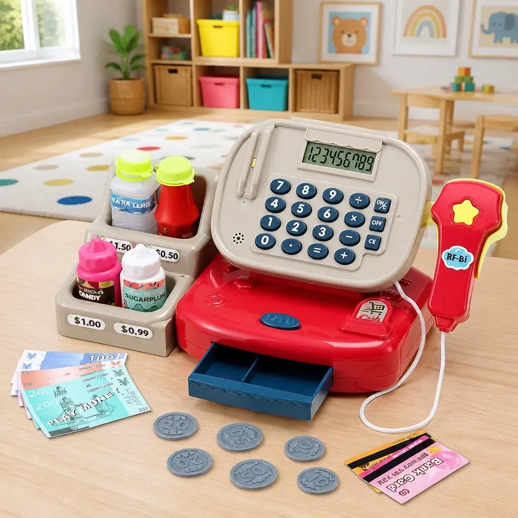 Kids Cash Register Pretend Play Set Shopping Role Play Toy with Calculator