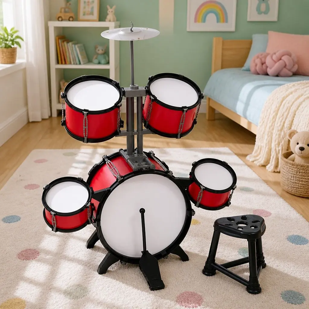 Kids Drum Set Red 7 Piece Musical Instrument with Bass Drum Toms Cymbal Stool and Drumsticks