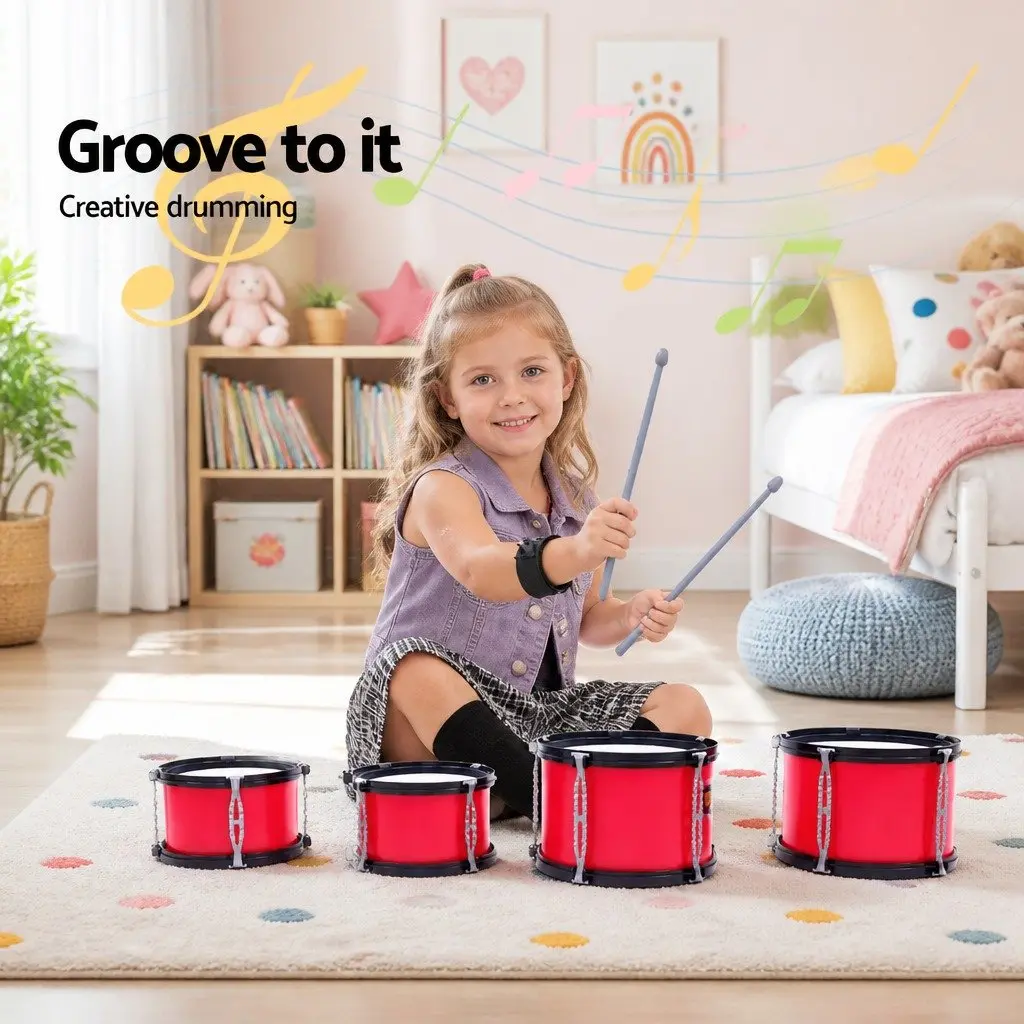 Kids Drum Set Red 7 Piece Musical Instrument with Bass Drum Toms Cymbal Stool and Drumsticks