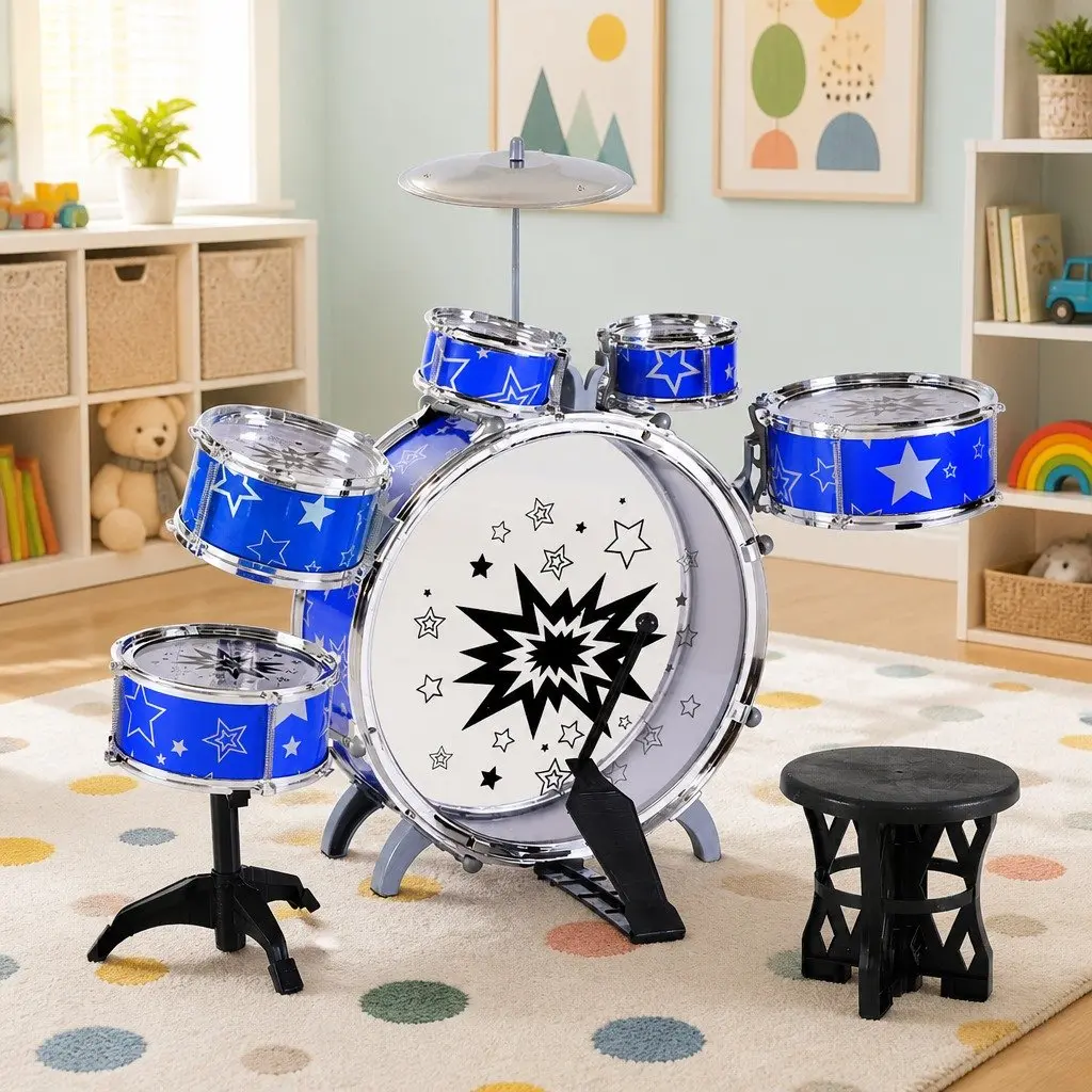 Kids Drum Set Blue 11 Piece with Stool Drumsticks Cymbal
