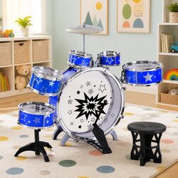 Kids Drum Set 11 Pieces Blue Musical Instrument with Stool Drumsticks Cymbal