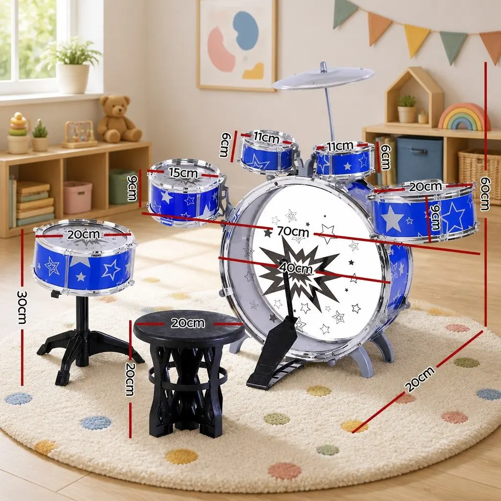 Kids Drum Set Blue 11 Piece with Stool Drumsticks Cymbal