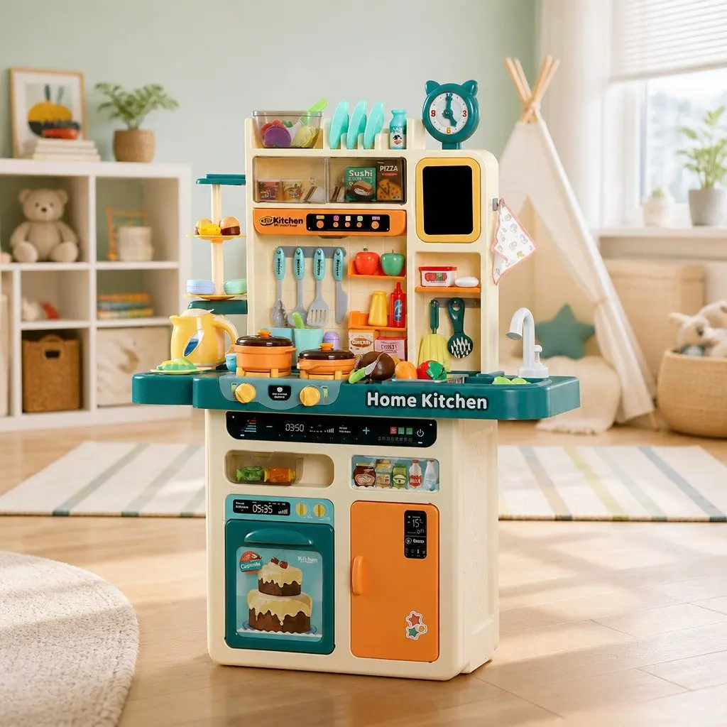 Pretend Play Kitchen Set Multicoloured 69.5x27.5x92.5cm Electronic Stovetop Play Sink with Running Water 73 Cooking Accessories