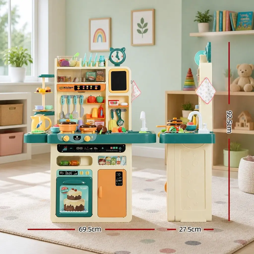 Pretend Play Kitchen Set Multicoloured 69.5x27.5x92.5cm Electronic Stovetop Play Sink with Running Water 73 Cooking Accessories