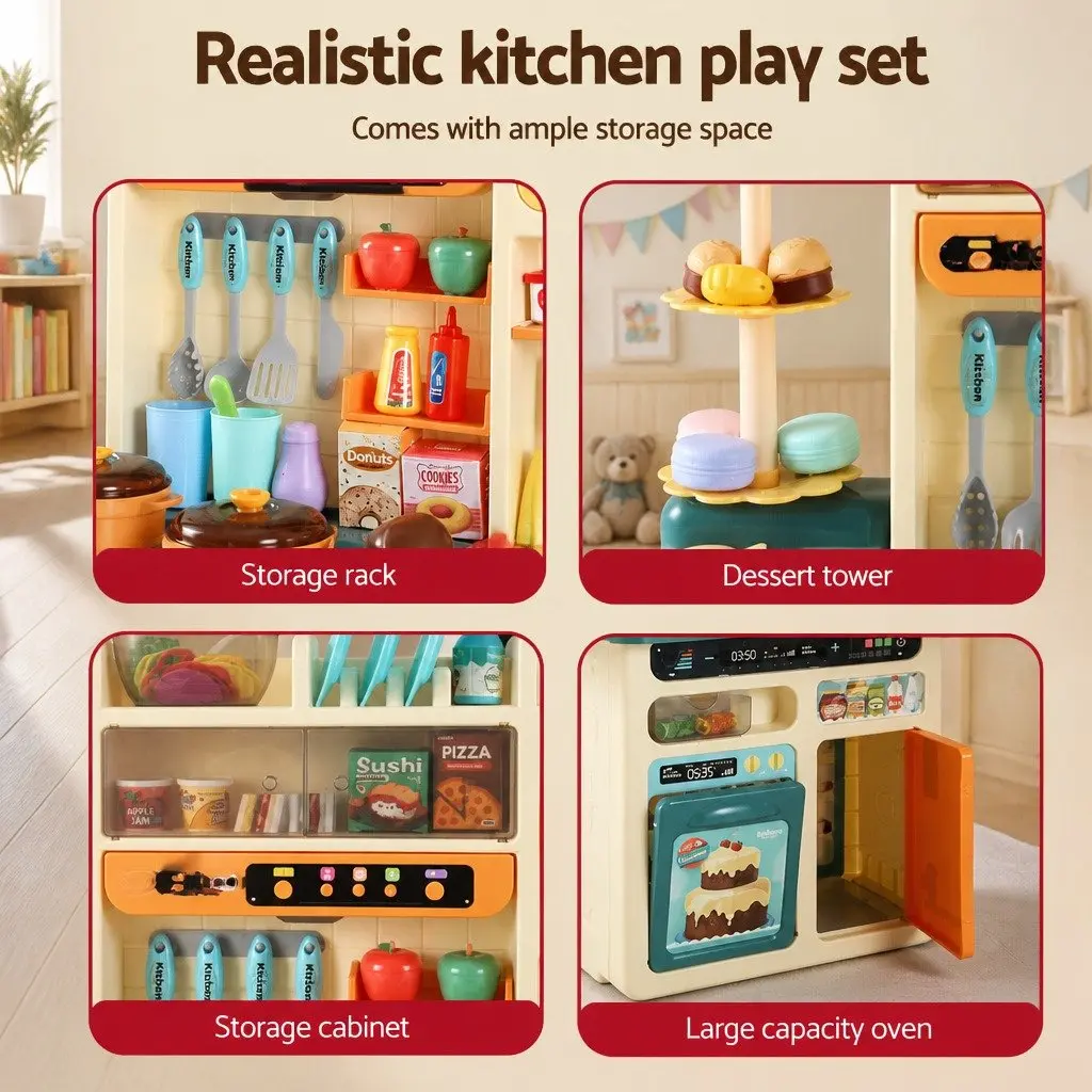 Pretend Play Kitchen Set Multicoloured 69.5x27.5x92.5cm Electronic Stovetop Play Sink with Running Water 73 Cooking Accessories