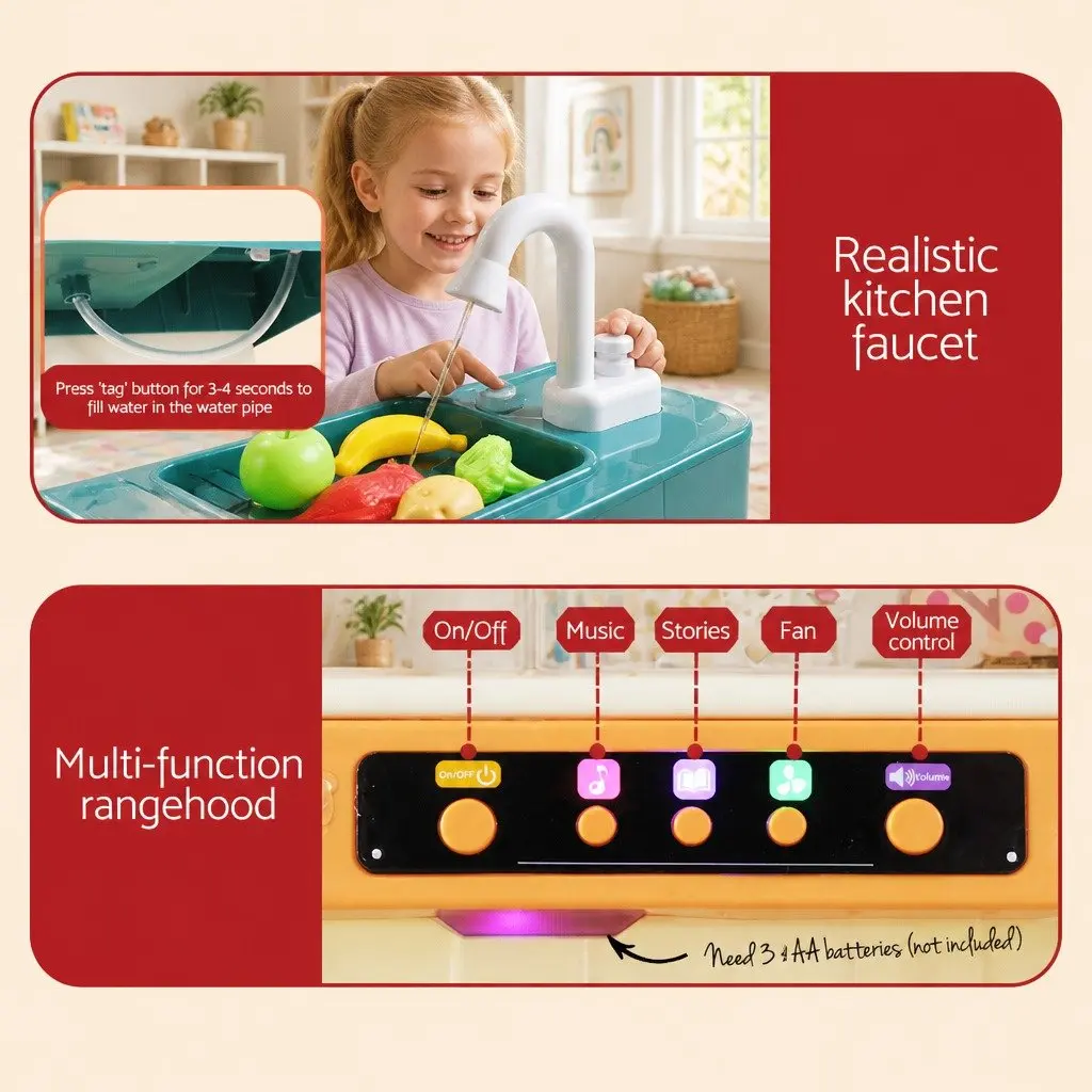 Pretend Play Kitchen Set Multicoloured 69.5x27.5x92.5cm Electronic Stovetop Play Sink with Running Water 73 Cooking Accessories