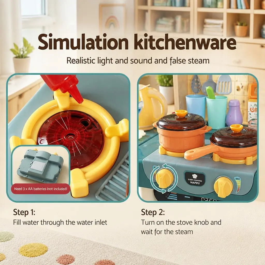 Pretend Play Kitchen Set Multicoloured 69.5x27.5x92.5cm Electronic Stovetop Play Sink with Running Water 73 Cooking Accessories