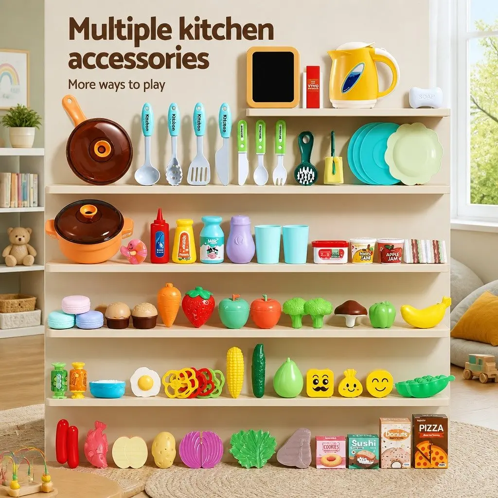 Pretend Play Kitchen Set Multicoloured 69.5x27.5x92.5cm Electronic Stovetop Play Sink with Running Water 73 Cooking Accessories