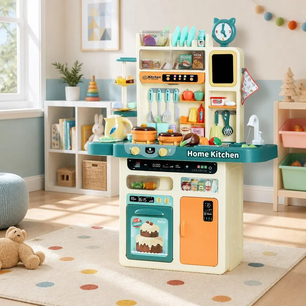 Pretend Play Kitchen Set Multicoloured 69.5x27.5x92.5cm Electronic Stovetop Play Sink with Running Water 73 Cooking Accessories