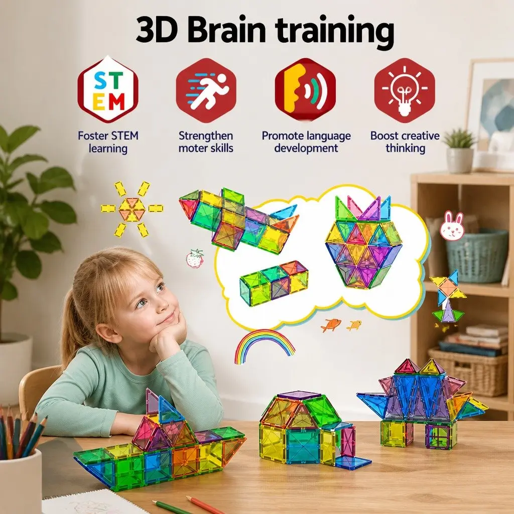 Magnetic Tiles Building Blocks Set Red Yellow Green 120 Piece STEM Educational Toy