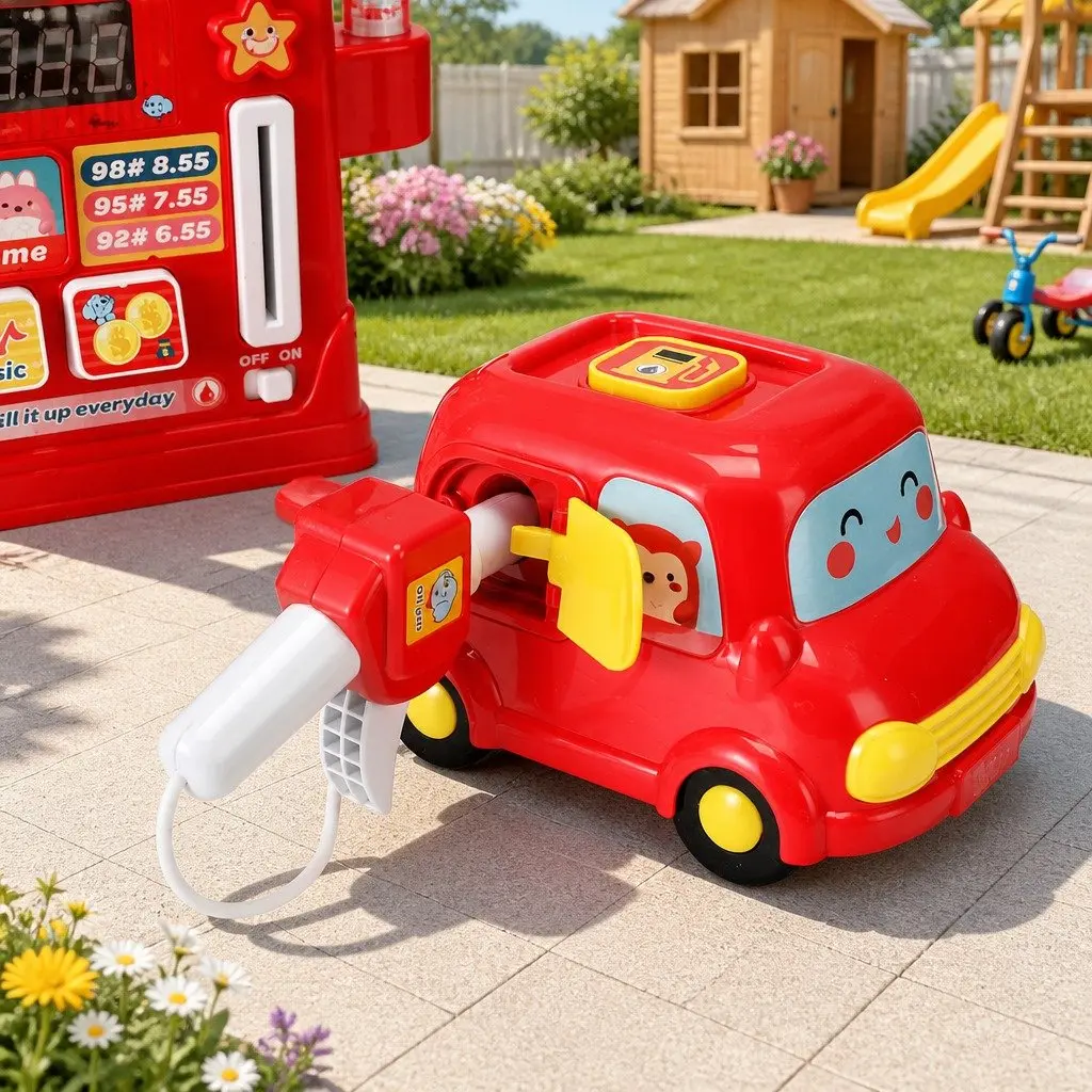 Kids Gas Station Pretend Play Toy Red Interactive Pump Playset with Sounds and Credit Card Machine