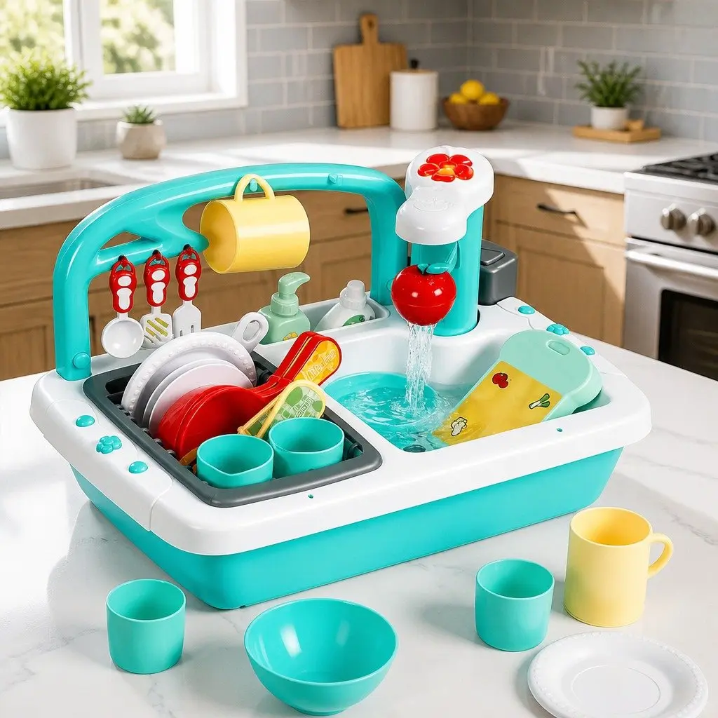 Kids Pretend Play Kitchen Sink Toy Green Sensor Control with Automatic Water Cycle