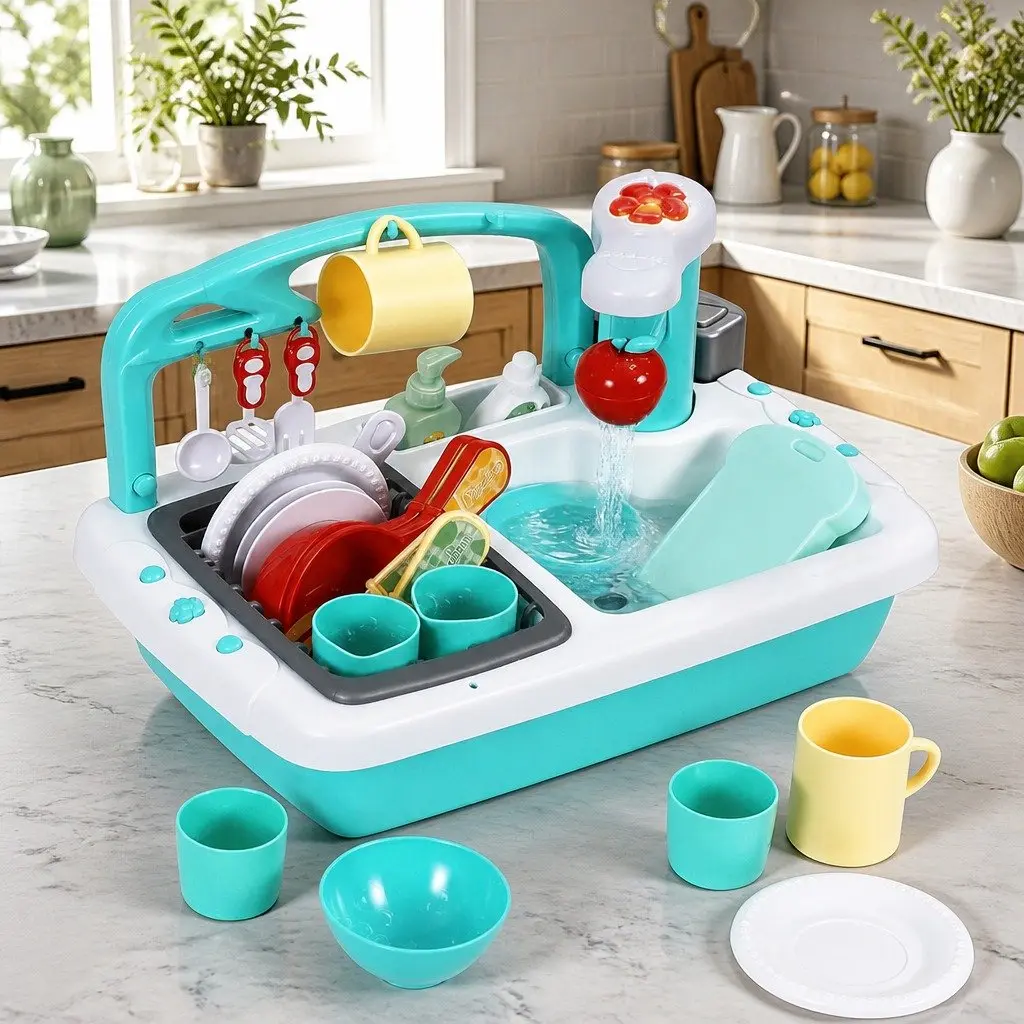 Kids Pretend Play Kitchen Sink Toy Green Sensor Control with Automatic Water Cycle