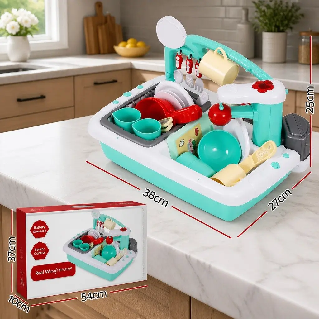 Kids Pretend Play Kitchen Sink Toy Green Sensor Control with Automatic Water Cycle