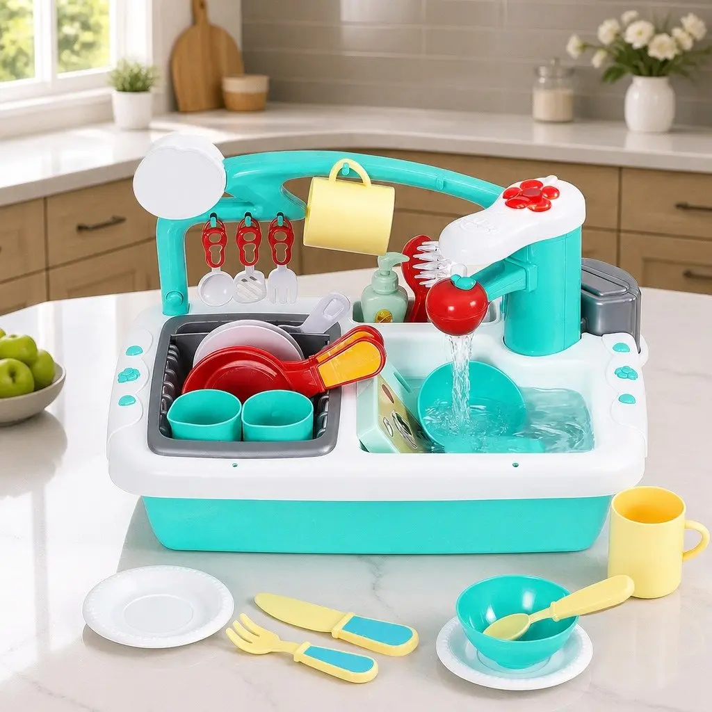 Kids Pretend Play Kitchen Sink Toy Green Sensor Control with Automatic Water Cycle