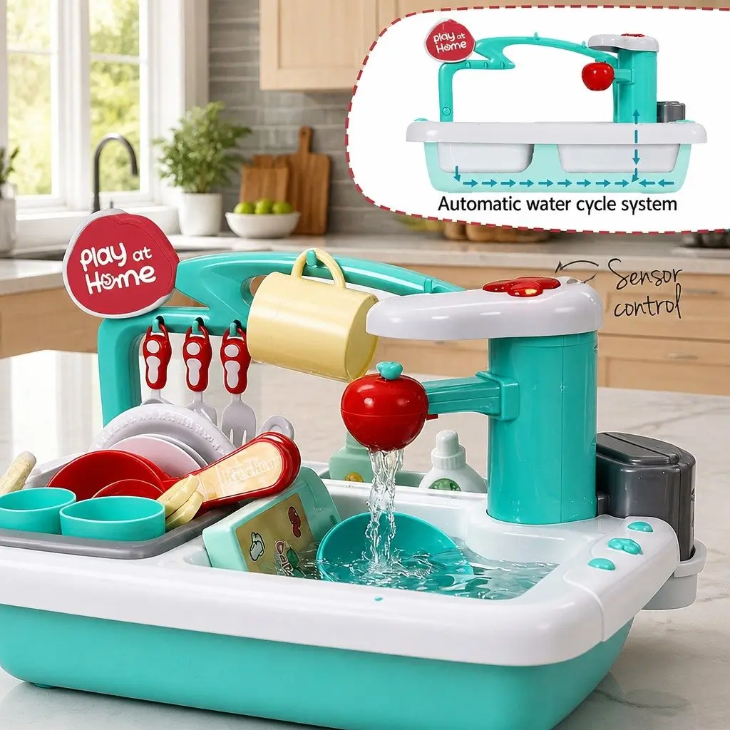Kids Pretend Play Kitchen Sink Toy Green Sensor Control with Automatic Water Cycle