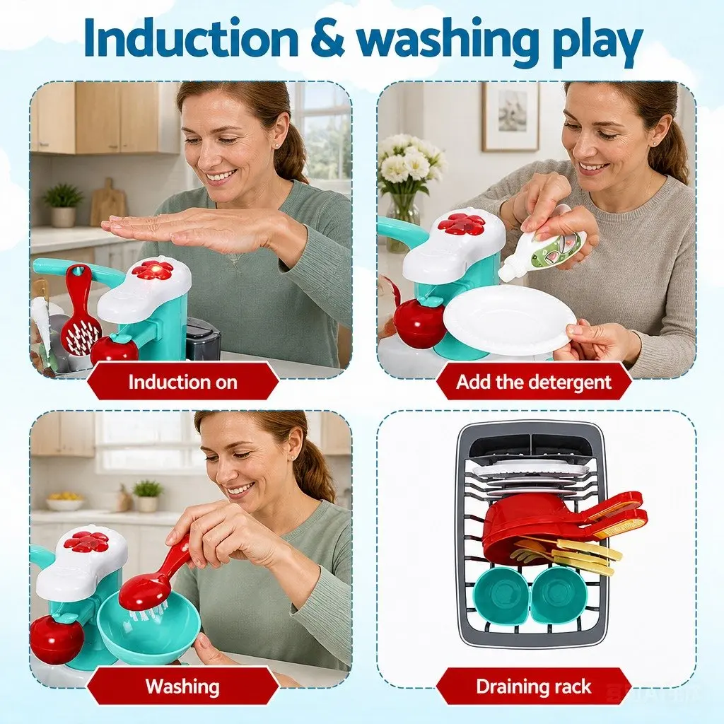 Kids Pretend Play Kitchen Sink Toy Green Sensor Control with Automatic Water Cycle