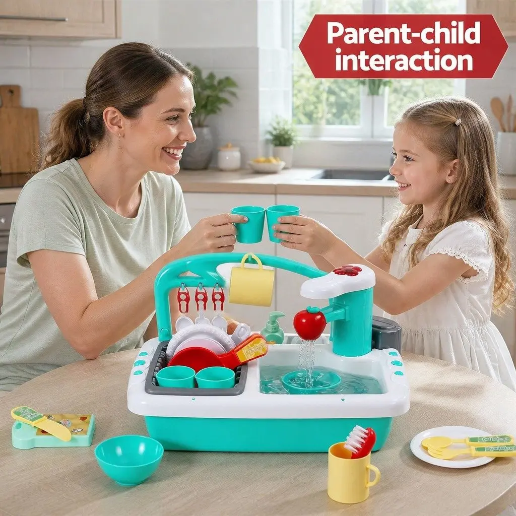 Kids Pretend Play Kitchen Sink Toy Green Sensor Control with Automatic Water Cycle