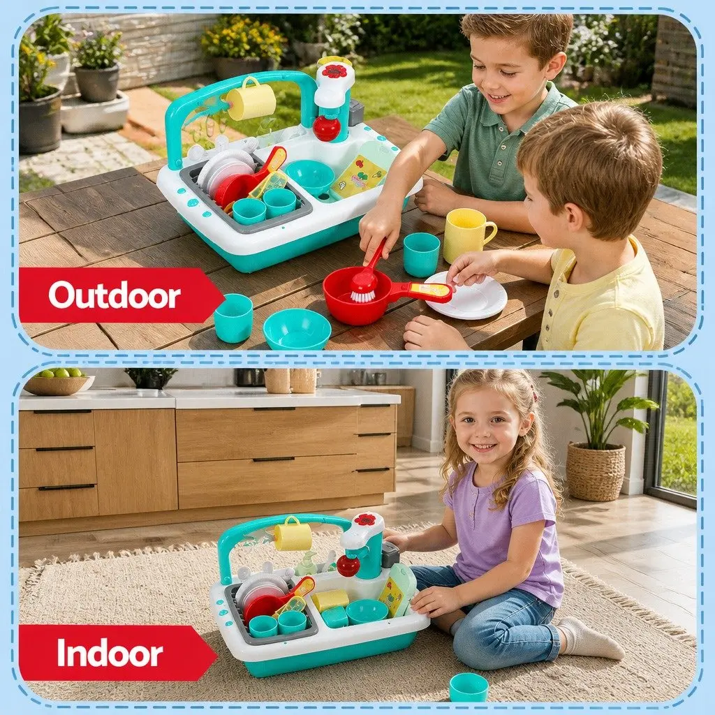 Kids Pretend Play Kitchen Sink Toy Green Sensor Control with Automatic Water Cycle