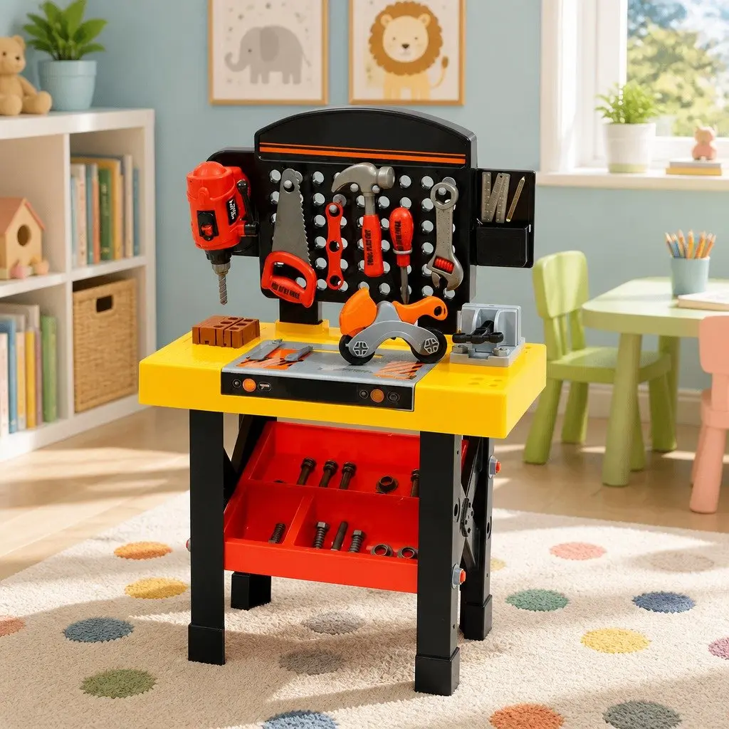 Kids Pretend Play Workbench Tool Set Red 54 Piece DIY Role Play Toys