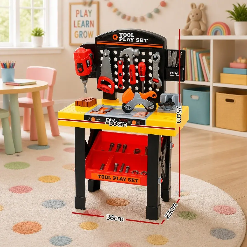 Kids Pretend Play Workbench Tool Set Red 54 Piece DIY Role Play Toys